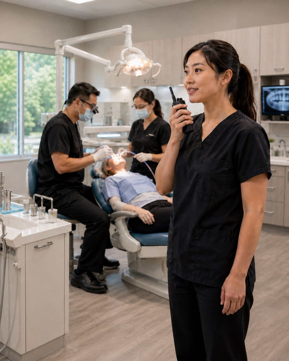 Dental practice team member using a two-way radio between operatories.