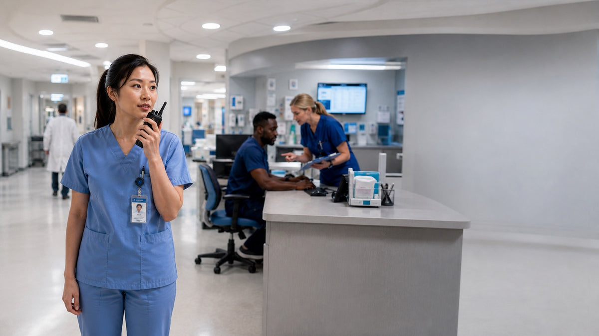 Clinical staff coordinating by two-way radio on a hospital floor.