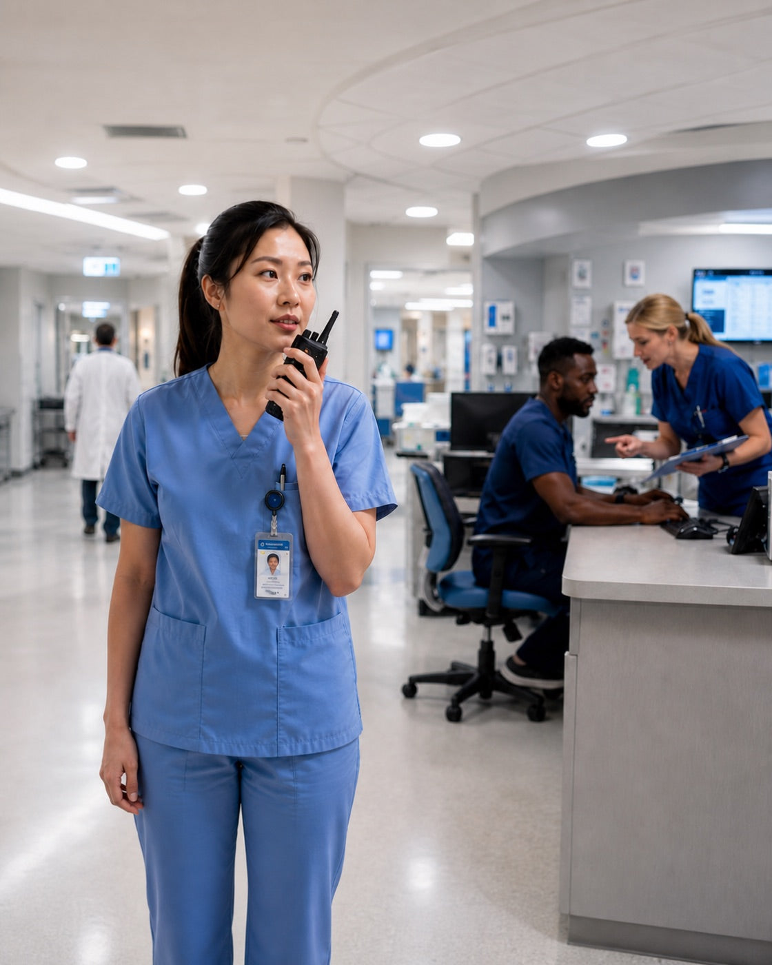 Clinical staff coordinating by two-way radio on a hospital floor.