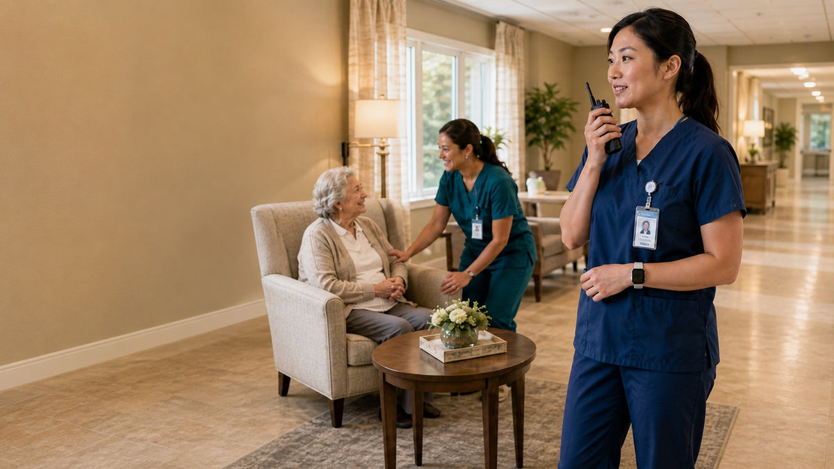 Care team coordinating by two-way radio in a senior living community.