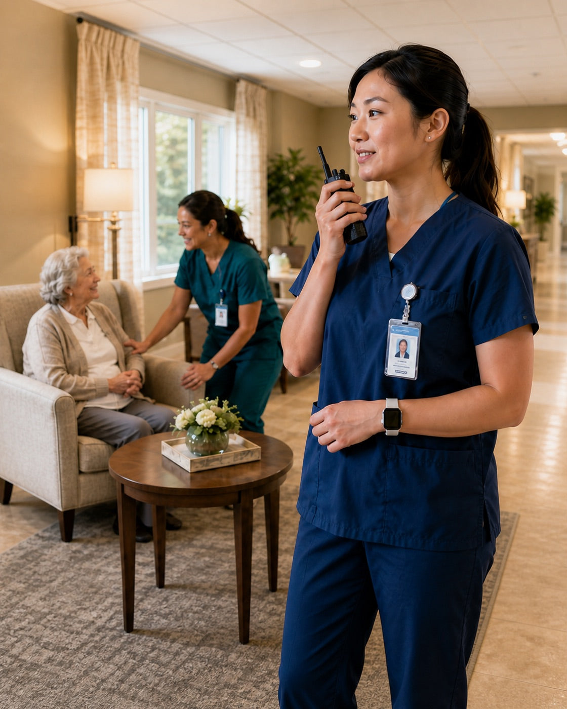 Care team coordinating by two-way radio in a senior living community.