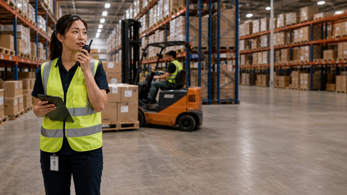 Warehouse supervisor directing dock and floor operations by two-way radio.