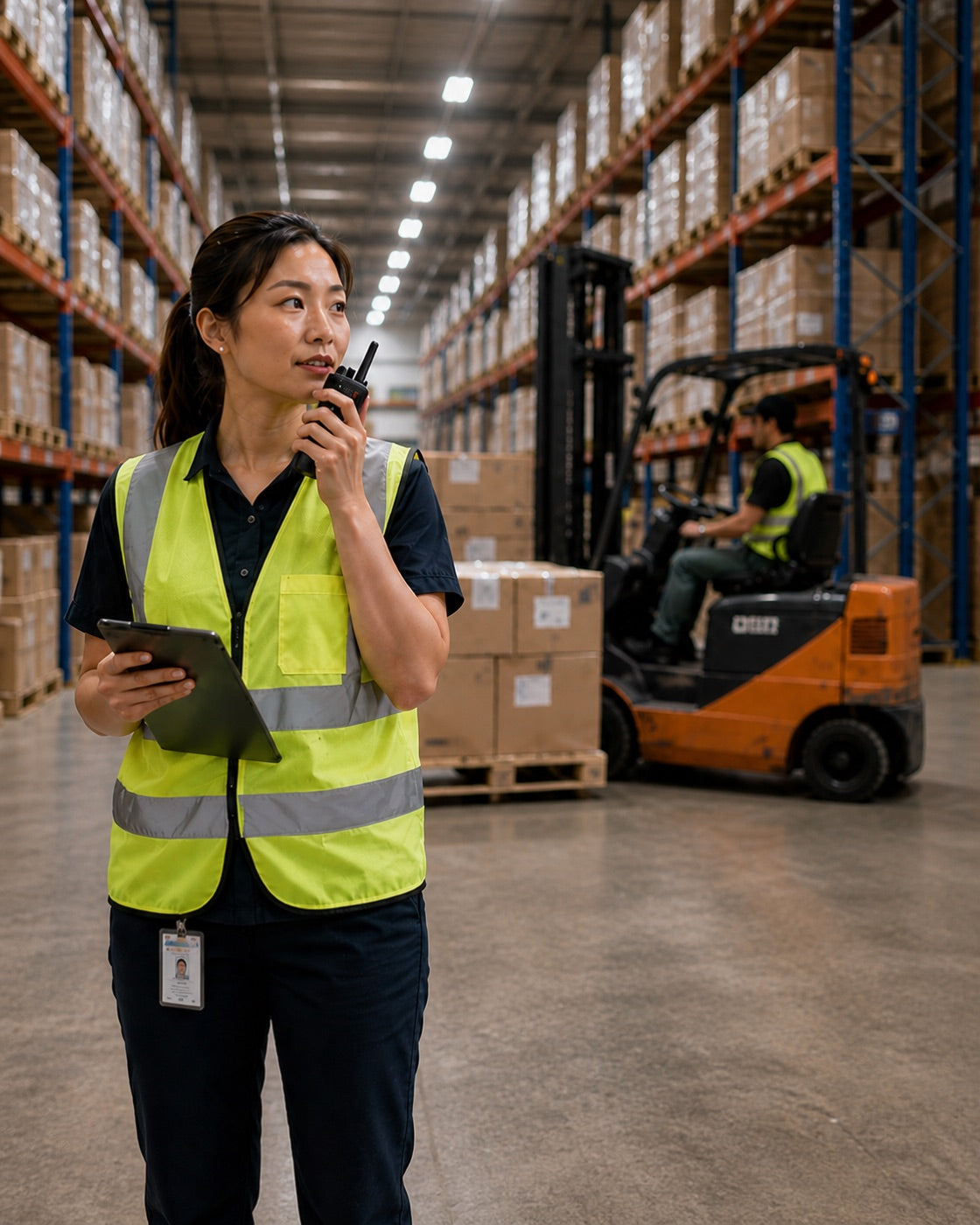 Warehouse supervisor directing dock and floor operations by two-way radio.