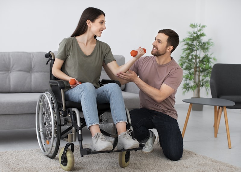 Care worker assisting a resident in a wheelchair