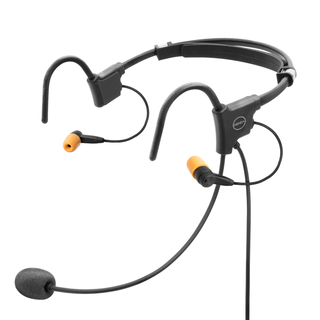 Behind-the-head in-ear headset with boom microphone