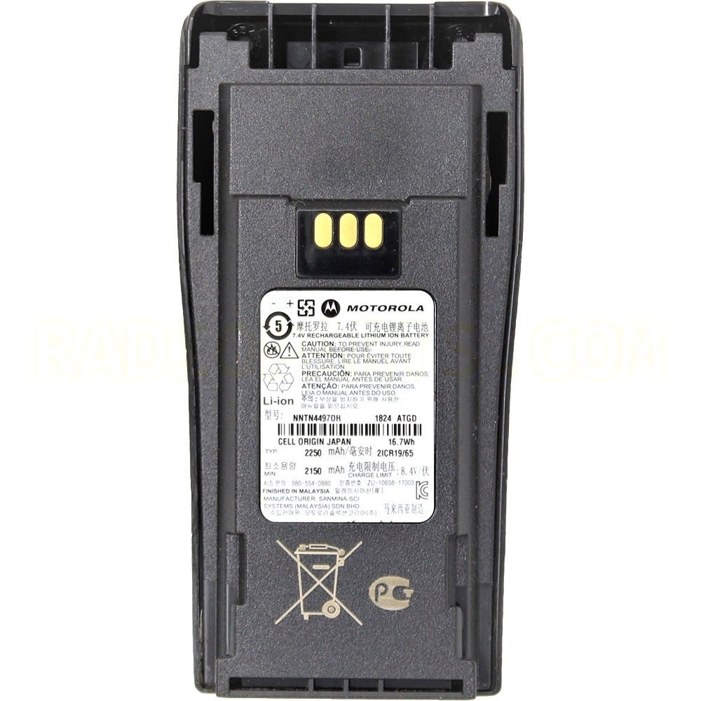 Motorola NNTN4497 series 2250 mAh lithium-ion battery, back showing the specification label